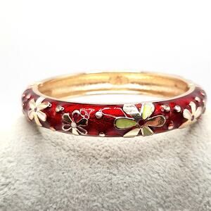 Vintage Jiu Long Xing Cloisonné Bangle Bracelet – Red Enamel Floral